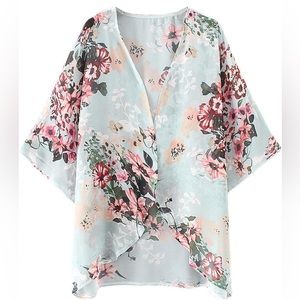 Women's Sheer Chiffon Blouse Loose Tops Kimono Floral Print Cardigan Green